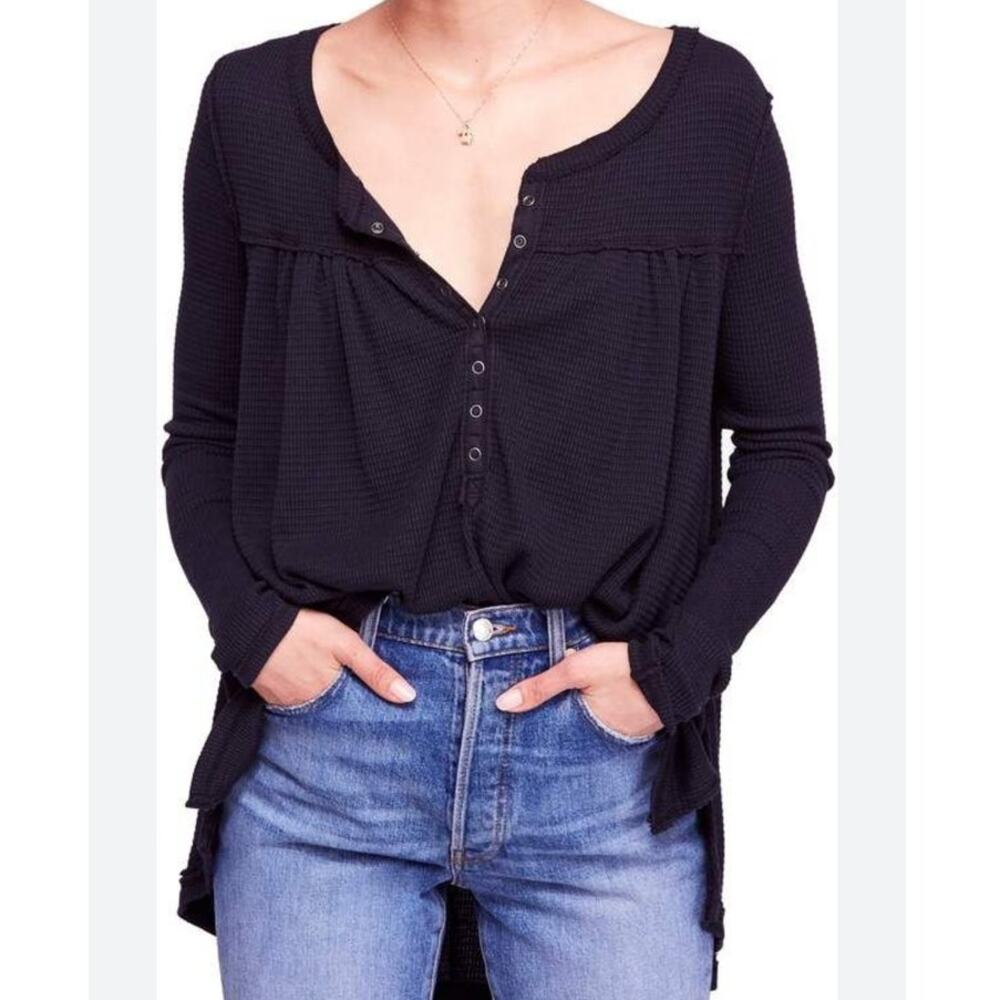 Free People Black Waffle Knit Henley Top